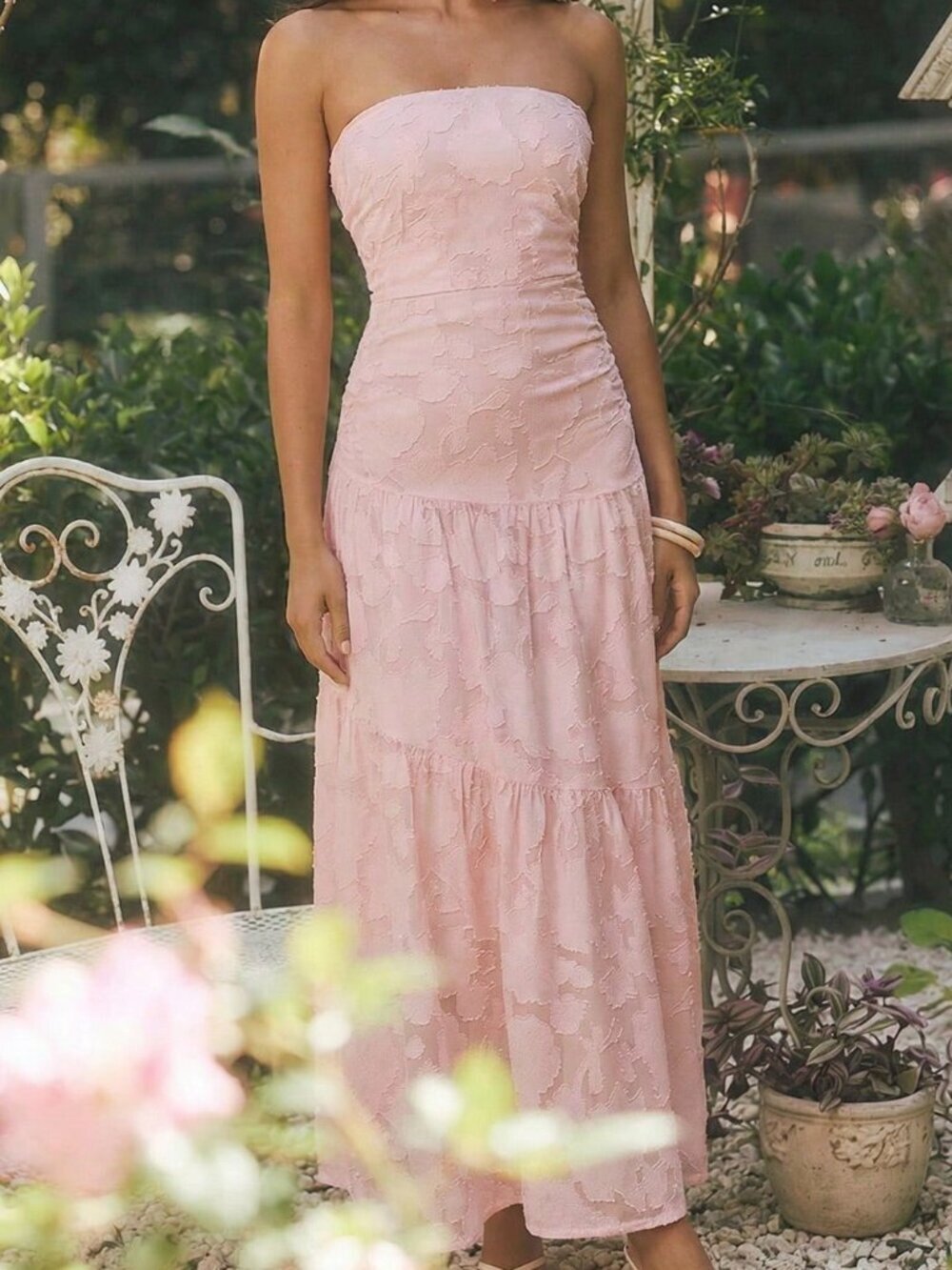 Pink Elegant Women's Romantic Jacquard Maxi Tube Dress - Picture 3 of 9